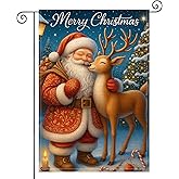 HOMETITUTE Merry Christmas Garden Flag Double Sided 12x18 Inch Burlap Holiday Garden Flag Santa and Reindeer Under Starry Sky Seasonal Banner for Indoor and Outdoor Decoration Yard Lawn Decor