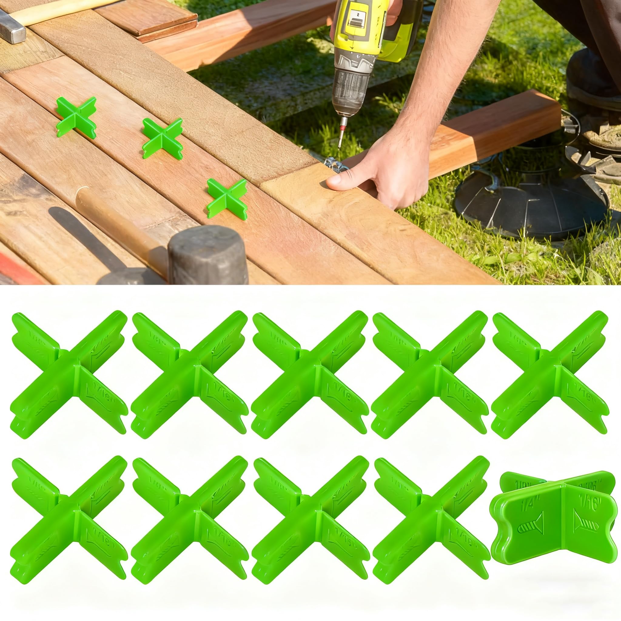 Photo 1 of 10PCS Deck Spacers,Durable Deck Spacer Tool to Uniform Gap Between Installed Deck Boards for Treated Lumber and Composite Decking Handy Deck Building Tools Deck Board Spacers (Green)