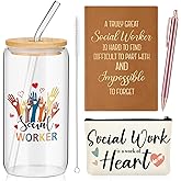 Dinifee 4 Pcs Social Worker Gifts for Women Include 16 oz Glass Tumbler Mug with Straw Brush A5 Leather Notebook Makeup Bag and Ballpoint Pen Social Work Gifts for BSW MSW(Elegant Style)