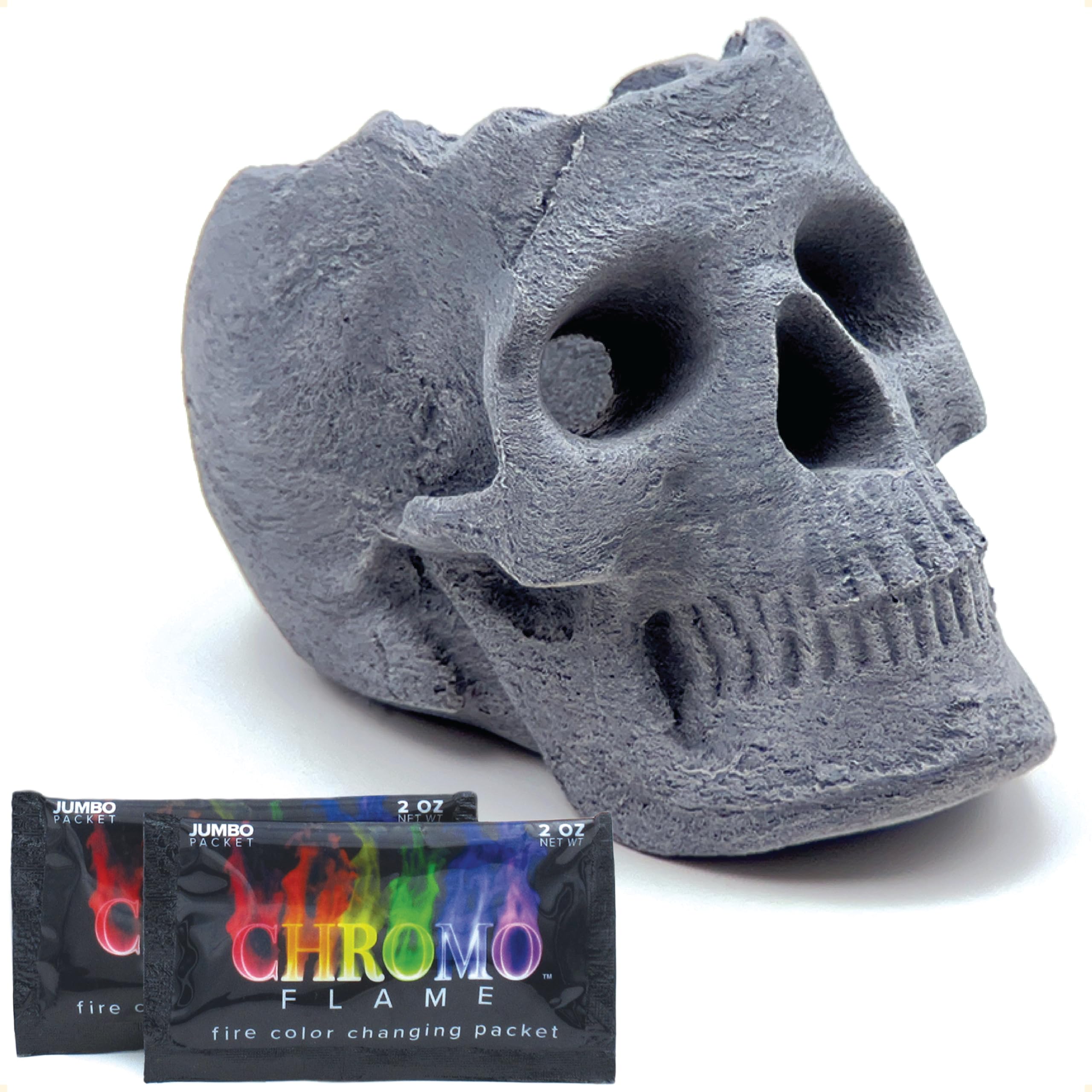 OSKER Open Top Fire Pit Skull with Fire Color Changing Packets | Ceramic Fireproof Log for Bonfire, Campfire, Fireplace, Firepit | Halloween Decor | Gas, Propane, or Wood Fires | 9 Inch - Gray Image