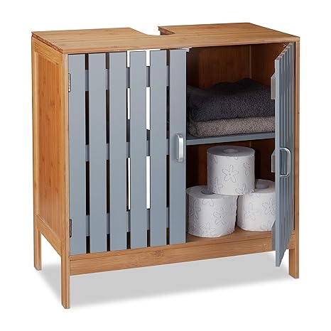 Relaxdays Waschbeckenunterschrank, Siphon-Ausschnitt, Bambus, MDF, WC Unterschrank, HxBxT: 61,5 x 60 x 30 cm, natur/grau