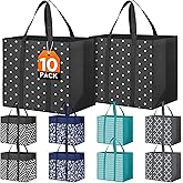 Fab totes 10 Pack Reusable Grocery Bags for Groceries 35L Large Capacity Heavy Duty Waterproof Tote Bags for Shopping and Picnic with Sturdy Handles