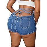 WDIRARA Women's Plus Size Lace Up High Waisted Jean Shorts Sexy Stretchy Skinny Denim Shorts