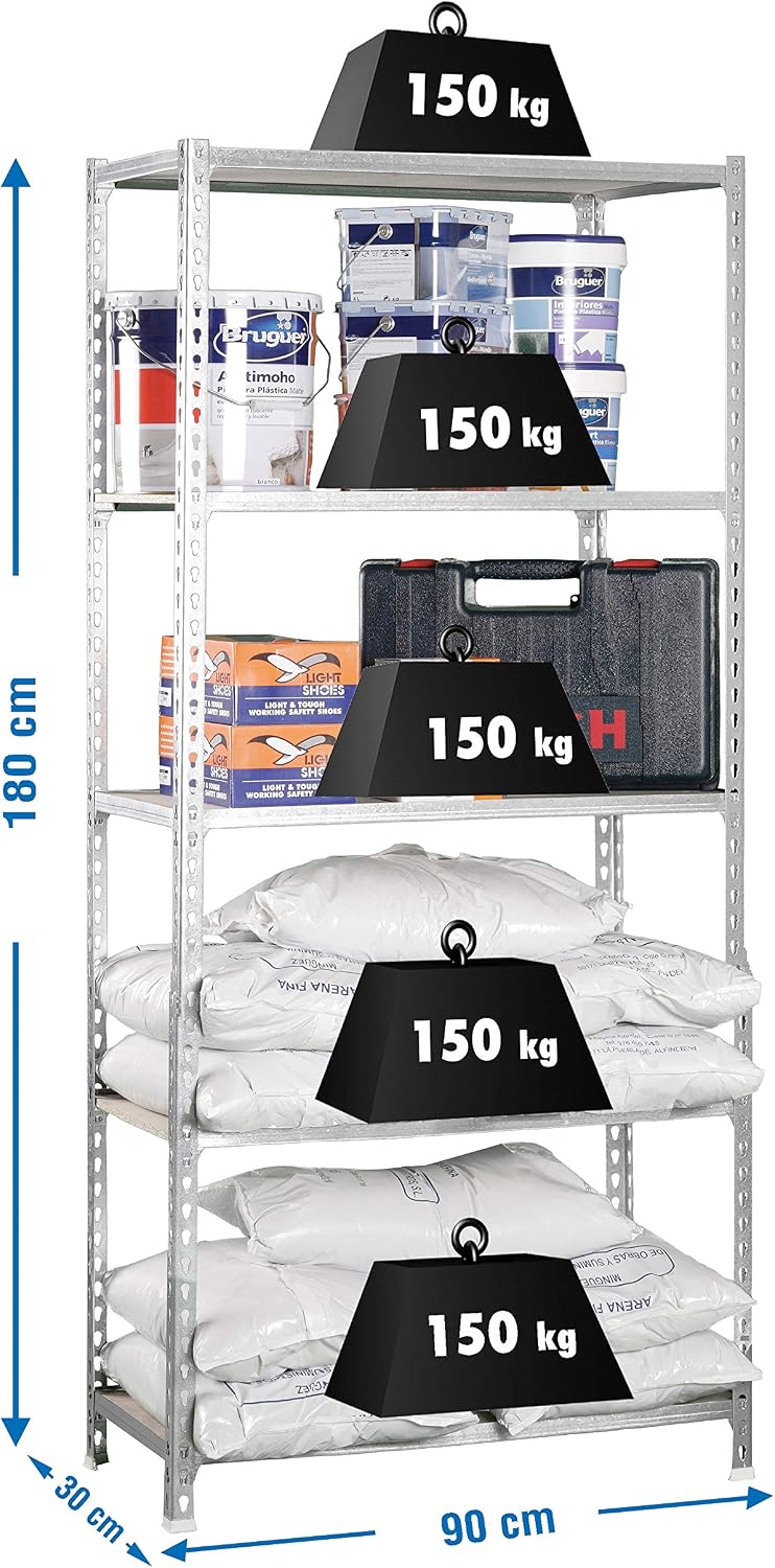 Simon Rack Garage Shelving Unit 1800x900x300 mm, 5 Tier Metal Rack with 16 mm MDF Shelves, 150 kg per Shelf, Galvanised/Wood