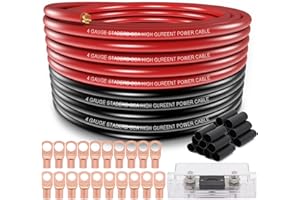 4 Gauge Wire (25ft Each- Black/Red) Copper Clad Aluminum CCA,100A ANL Fuse Holder,10pcs Lugs Terminal Connectors and 3:1 Heat