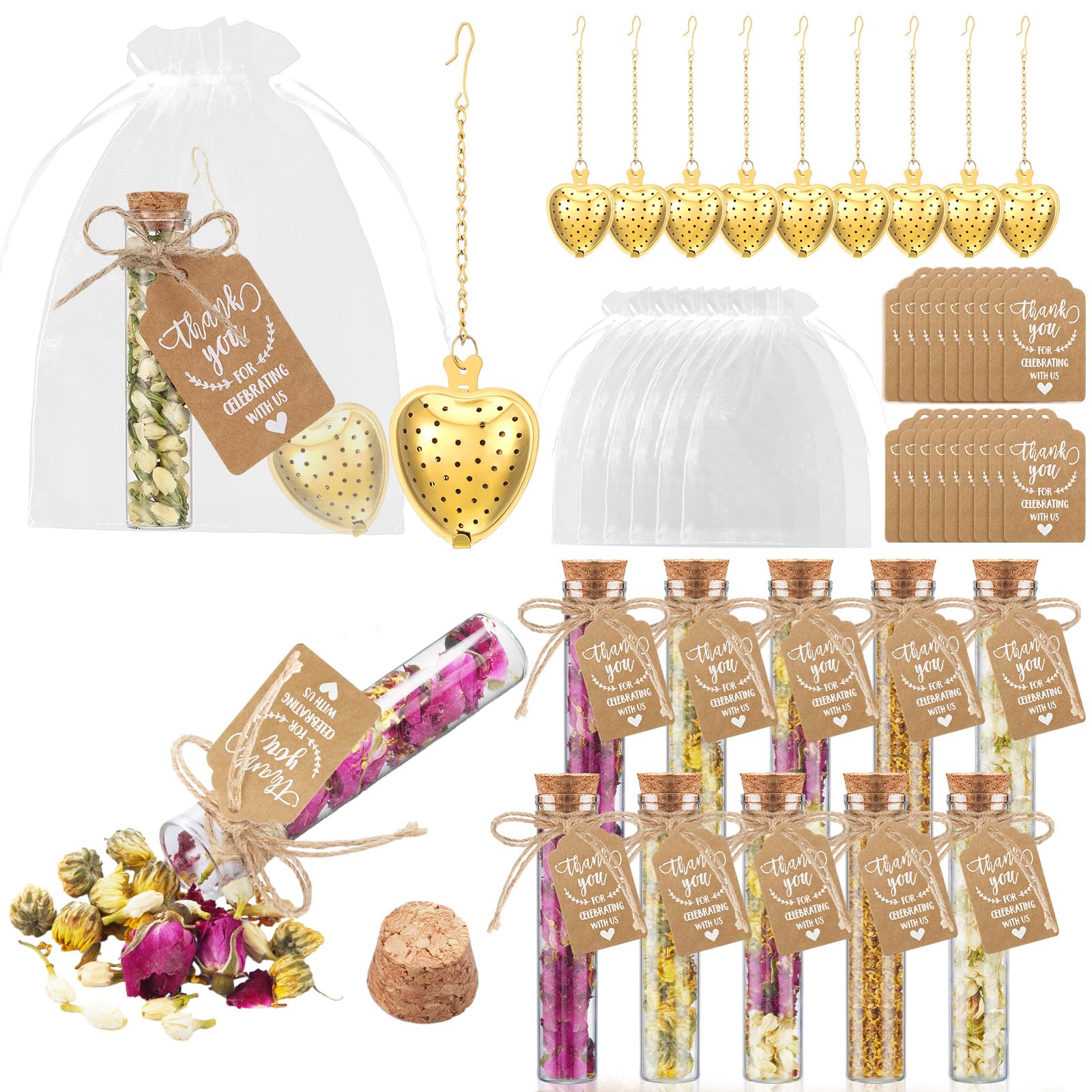 Photo 1 of Mimorou 12 Sets Tea Party Favors Tea Party Decorations Bulk for Guests Include Heart Shaped Infuser Glass Jar Thank You Gift Tag Drawstring Organza Bag for Wedding Bridal Shower Souvenir