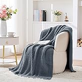 Chunky Knit Dusty Blue Throw Blanket Soft Cozy Thick Decorative Blanket for Couch Sofa Bed Living Room, 50"x60"