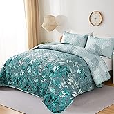 WONGS BEDDING Floral Quilt Set Queen Size, 3 Pieces Aqua Botancal Leaves Bedspread Coverlet Set with 2 Pillowcases for All Season, Soft Microfiber Floral Bedding Set 96"×90"