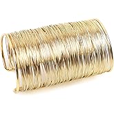 QTMY Alloy Metal Gold Thin Thread Wire Open Cuff Wide Bracelet Bangle