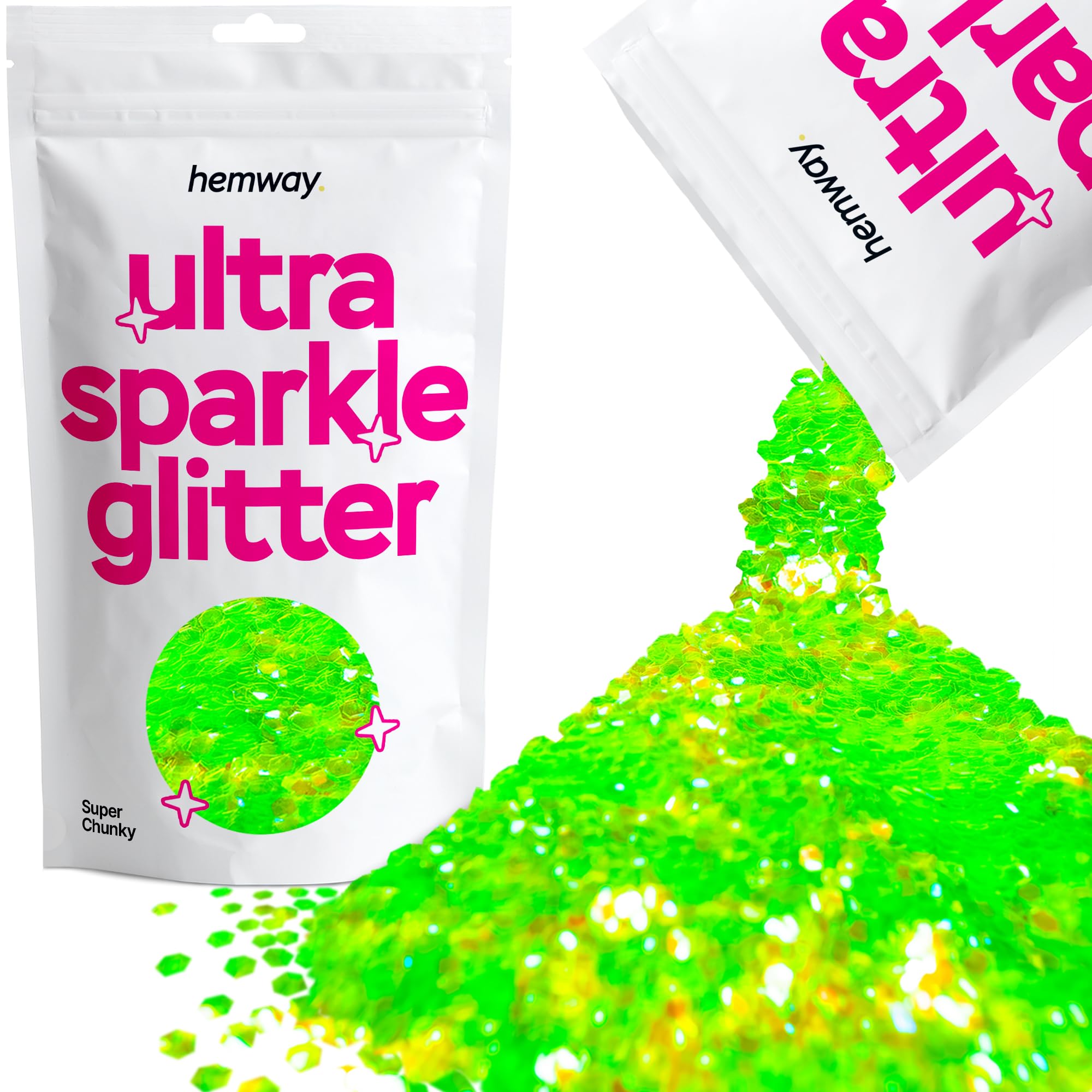 Hemway Ultra Sparkle Glitter Fluorescent Green 100g Super Chunky | Glitter for Arts & Craft, Makeup, Nail Art, Crafting, Card Making, Sparkle Decoration