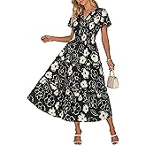 Wenrine Womens Summer Short Sleeve Maxi Dresses Casual Floral V Neck Smocked Tiered Flowy Boho Beach Sundress