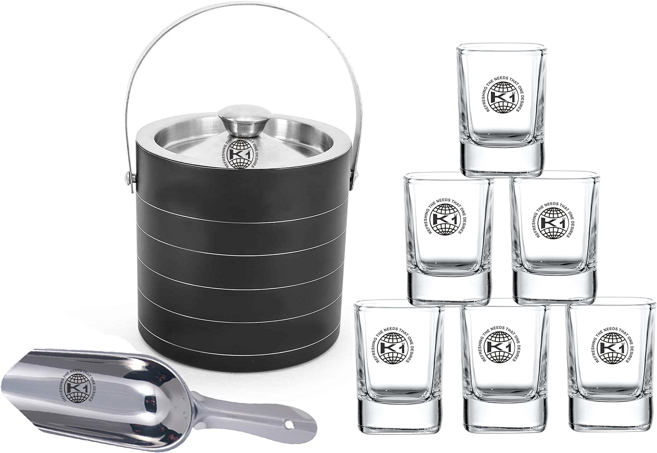 King International Stainless Steel Bar Set, Bartender Kit Cocktail Shaker Set of 8 Piece| Black| Bar Tool Set with 6 Shot Glasses , Ice Picker, Ice Bucket, Champagne Bucket-Complete Bar tool set for Home bar accessories
