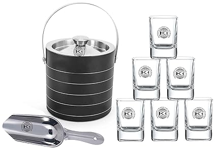 King International Stainless Steel Bar Set, Bartender Kit Cocktail Shaker Set of 8 Piece| Black| Bar Tool Set with 6 Shot Glasses , Ice Picker, Ice Bucket, Champagne Bucket-Complete Bar tool set for Home bar accessories