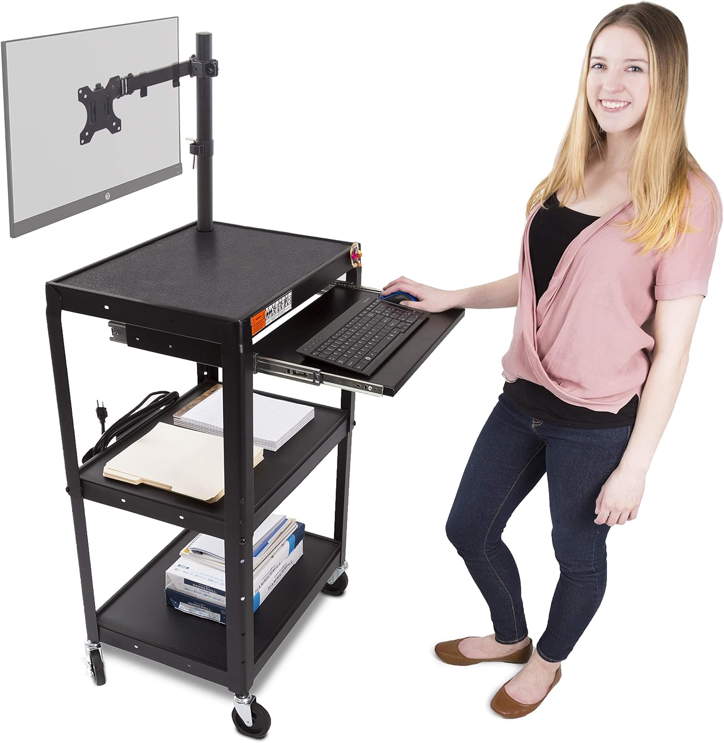 Line Leader AV Cart with Keyboard Tray and Monitor Mount - Mobile Workstation/Presentation Cart with Monitor Arm - Take Your Office On-The-Go with Our Stand Up Computer Cart (Black / 24 x 18) : Office Products