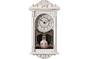 Clockswise Vintage Grandfather Wood-Looking Plastic Pendulum Decorative Battery-Operated Wall Clock Brown, for Office, Home Decor, Living Room, Kitchen, or Dining Room, White
