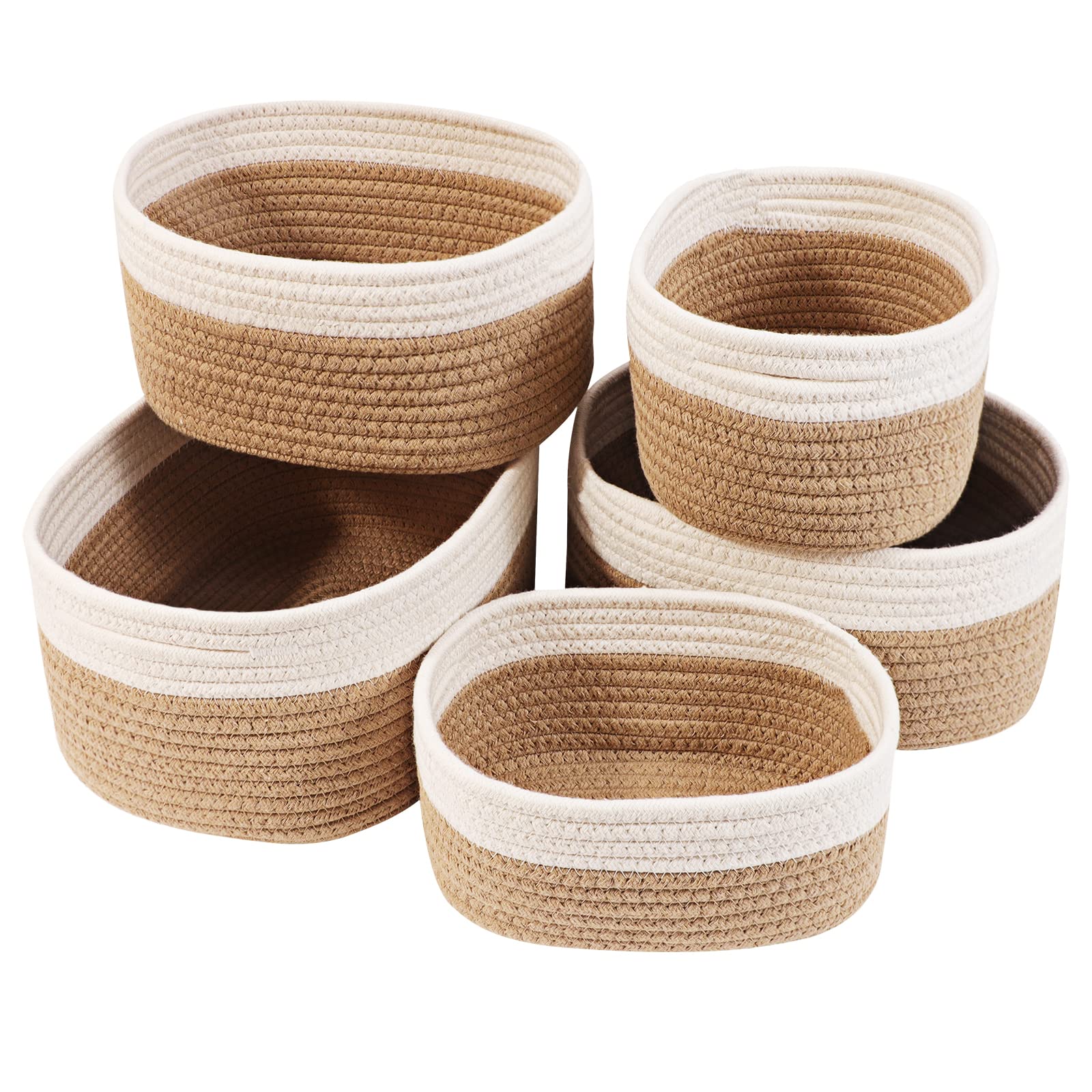 Otoomenz Woven Cotton Rope Storage Basket, 5PCS Shelf Baskets with Handles, Toy & Baby Storage Organiser, Make up & Cupboard Drawer Closet Shelf Deco (Brown)