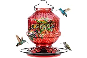 GRETE GOTYE Blown Glass Hummingbird Feeders for Outdoors, 25 Ounces Wild Bird Nectar Feeder with Perch & 5 Flower Feeding Ports Leak Proof Hanging for Garden Backyard Decor, Gifts for Women Mom, Red