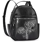 VIMUTI Mini Backpack Purse for Women,Embossed Leather Small Backpack Fashion Travel Backpacks Daypacks Shoulder Handbag (BLACK-Flower)