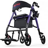 Aluminum Lightweight Rollator Walker with Seat 18Lbs,Purple | 2-in-1 Rollator &amp; Transport Chair; 18 lb Foldable Frame; 300 lb Capacity; 8 in All-Terrain Wheels; Adjustable Height
