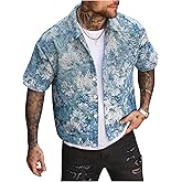 BEAUDRM Men's Vintage Floral Print Shirt Vintage Button Down Short Sleeve Collared Hawaiian Shirts Vacation Tops