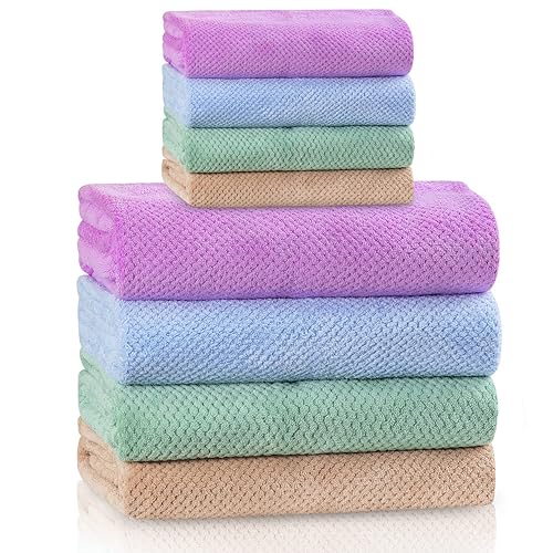 OLESTER 4 Colors Microfiber Towel Set Super Soft and Absorbent Quick-Dry Lightweight 4 Bath Towels 4 Hand Towels for Shower Pool Beach Bathroom