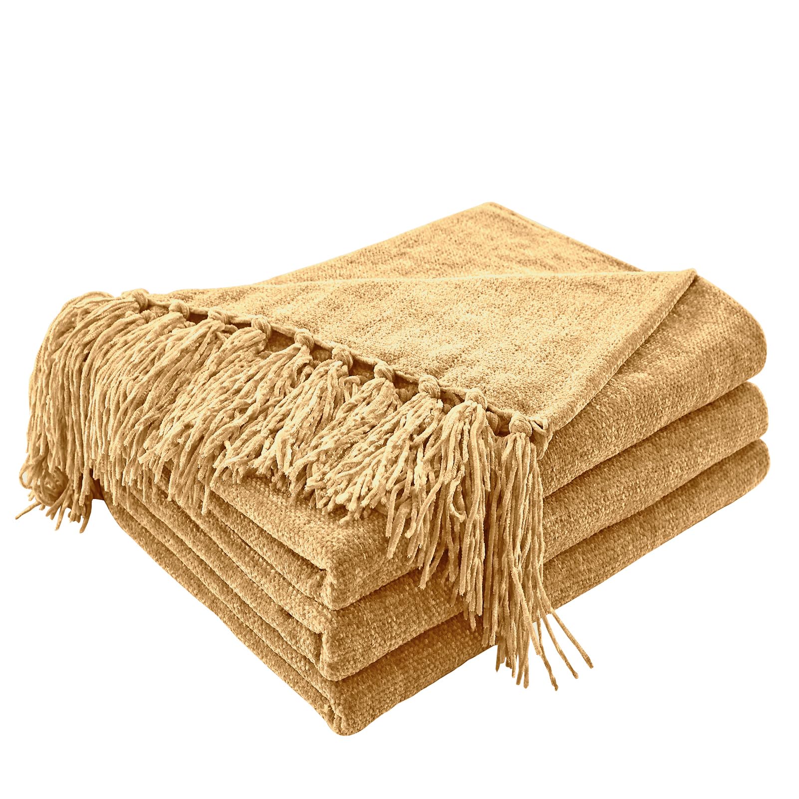 CozeCube Chenille Throw Blanket for Couch, Cozy Plush Fuzzy Decorative Light Brown Blanket with Fringe Tassels, Lightweight Throws for Bed Sofa Gift Home Decor, 60"X80"