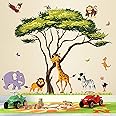 RW-1074 Cartoon Jungle Animal Wall Decals 3D Large Green Tree Wall Stickers DIY Removable Giraffe Lion Elephant Grass Wall Art Decor for Kids Baby Bedroom Living Room Nursery Playroom Home Decoration