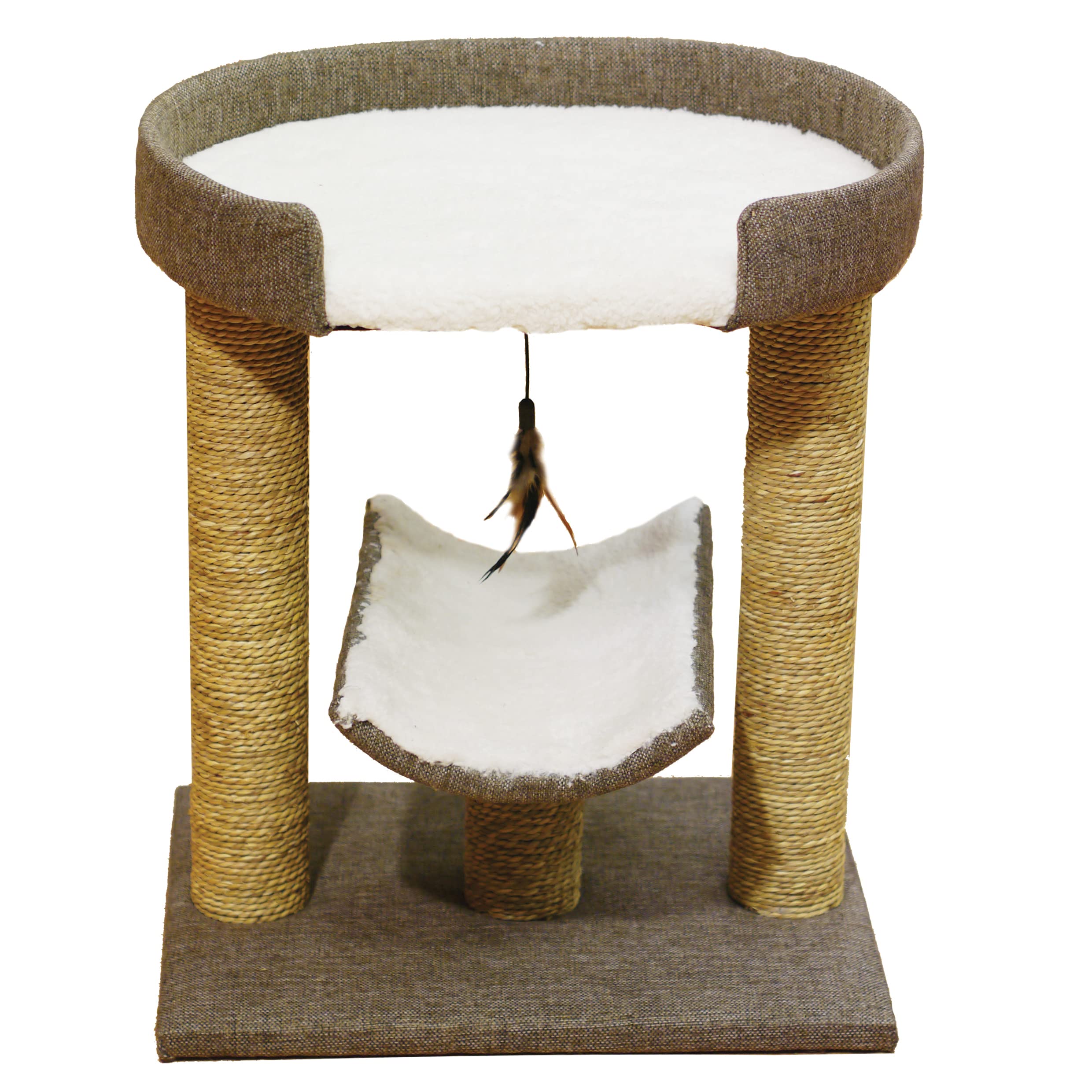 Rosewood Saffron Cat Scratching Post, Features 2 Posts & 2 Relaxing/Sitting Areas, Includes Hanging Feather Toy, Perfect for Play & Rest, Durable & Stylish