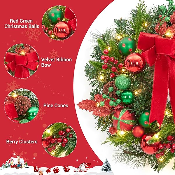 FAIRYLEE CHRISTMAS WREATH FOR FRONT DOOR, 22 INCH LARGE OUTDOOR CHRISTMAS WREATH, LIGHTED XMAS WREATH WITH RED GREEN BALL ORNAMENTS VELVET BOW AND 30 LED LIGHTS FOR FIREPLACE WINDOW HOLIDAY DECOR
