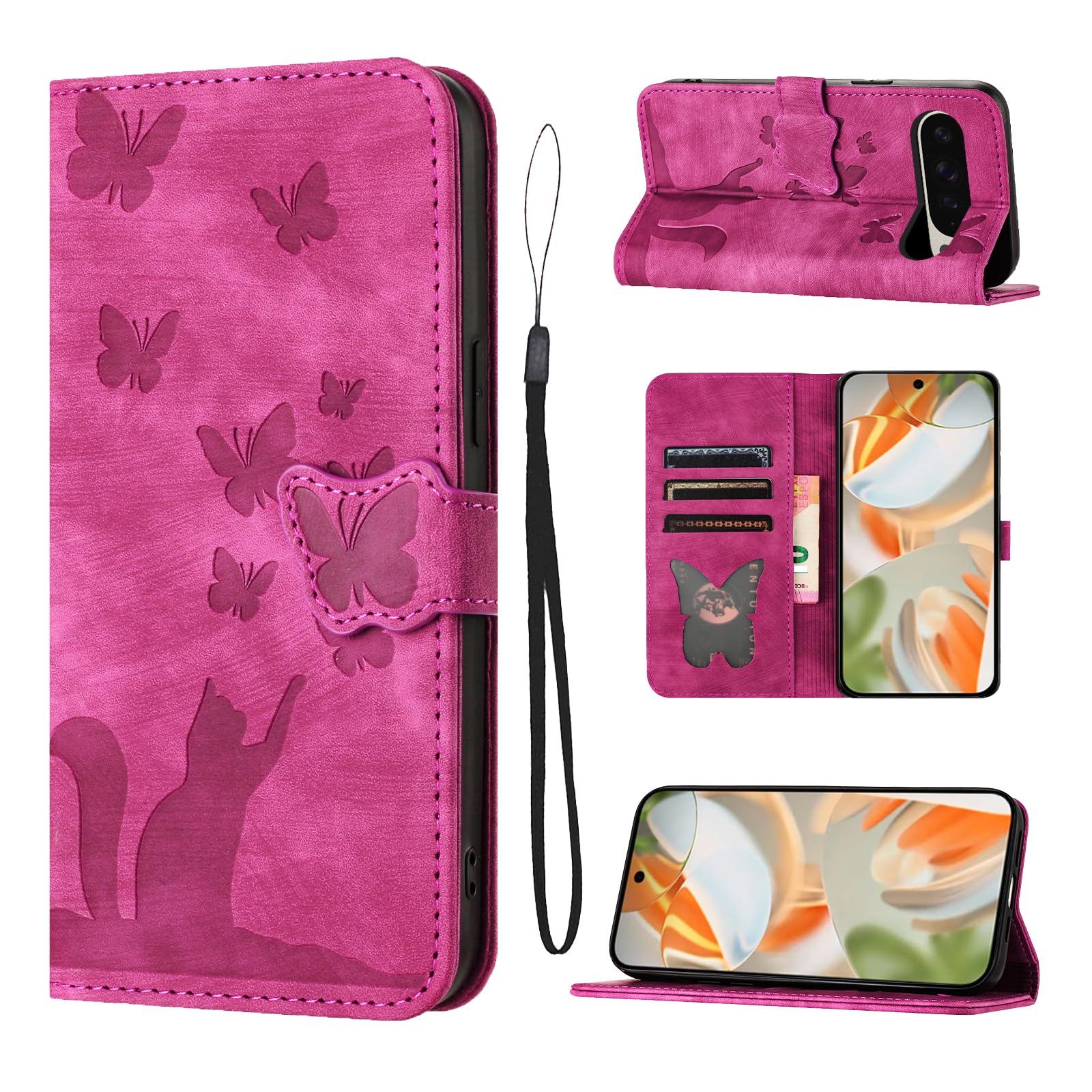 LSPCASA Phone Case For Google Pixel 9 Pro XL 6.73 inch Premium PU Leather Material Google Pixel 9 Pro XL Case With Card Slots Cat Butterfly Pattern Pixel 9 Pro XL Case Pink