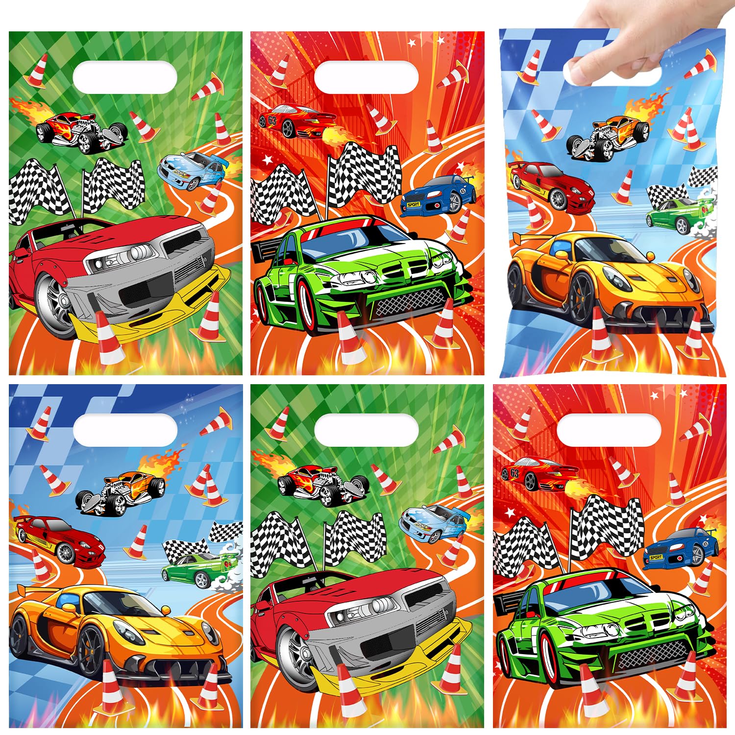 Photo 1 of JIUGUOBAO 60 PCS Race Car Party Favors Bags Race Car Plastic Waterproof Goodie Bags Treat Candy Gift Bags for Checkered Flag Racing Race Car Birthday Party Decorations Supplies