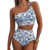 Herseas Women's High Waisted Bikini Sets One Shoulder Floral Print Swimsuits 2 Piece Tummy Control Bathing Suits