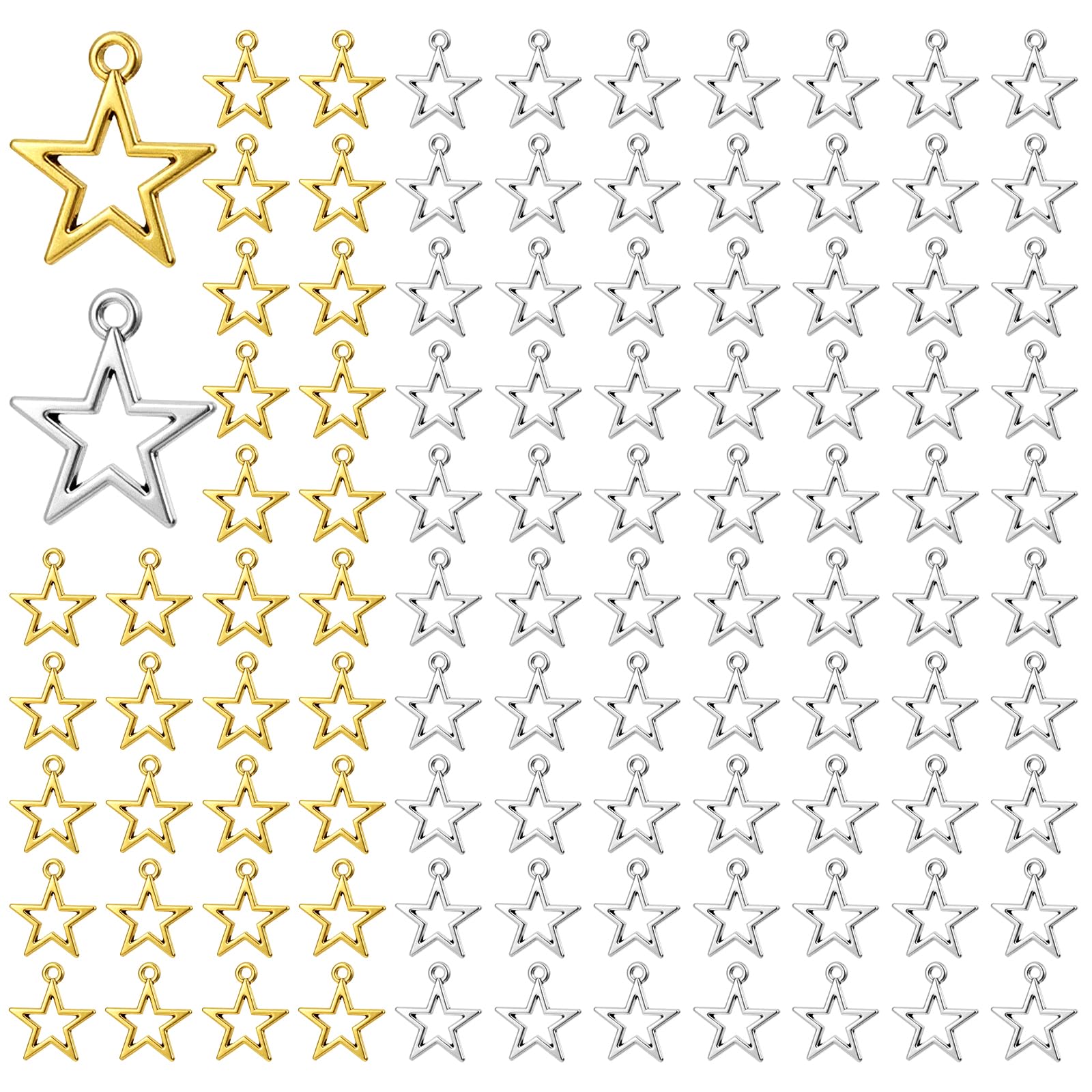 Photo 1 of 150 PCS Star Charms, Mini Metal Star Charms Hollow Stars Pendant Charm Small Pentagram Pendant Charm for DIY Necklace Earring Bracelet Keychain Jewelry Making Craft Supplies (Silver and Gold)