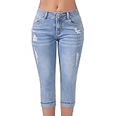 Queenwin Women's Capri Pants Skinny Stretchy Ripped High Waisted Cuffed Denim Jeans