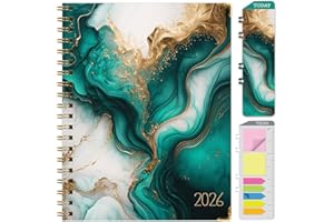GLOBAL PRINTED PRODUCTS HARDCOVER 2026 Planner, 8.5"x11": 14 Months (November 2025 - December 2026), Daily Weekly Monthly Planner, Yearly Agenda, Bookmark, Pocket Folder and Sticky Note Set (Teal Gold Marble)