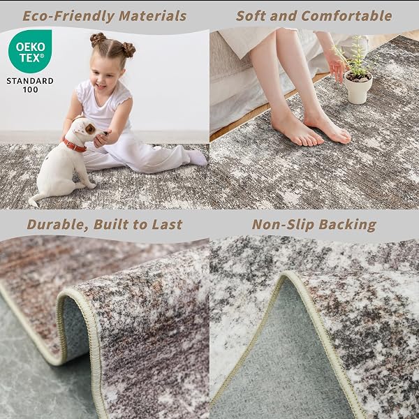 3X6 NON-SLIP WASHABLE ENTRYWAY RUG – STAIN-RESISTANT LOW-PILE THIN WIDE CARPET RUNNER FOR KITCHEN, HALLWAY, BATHROOM | MODERN NEUTRAL ABSTRACT(BROWN BEIGE,3X6)