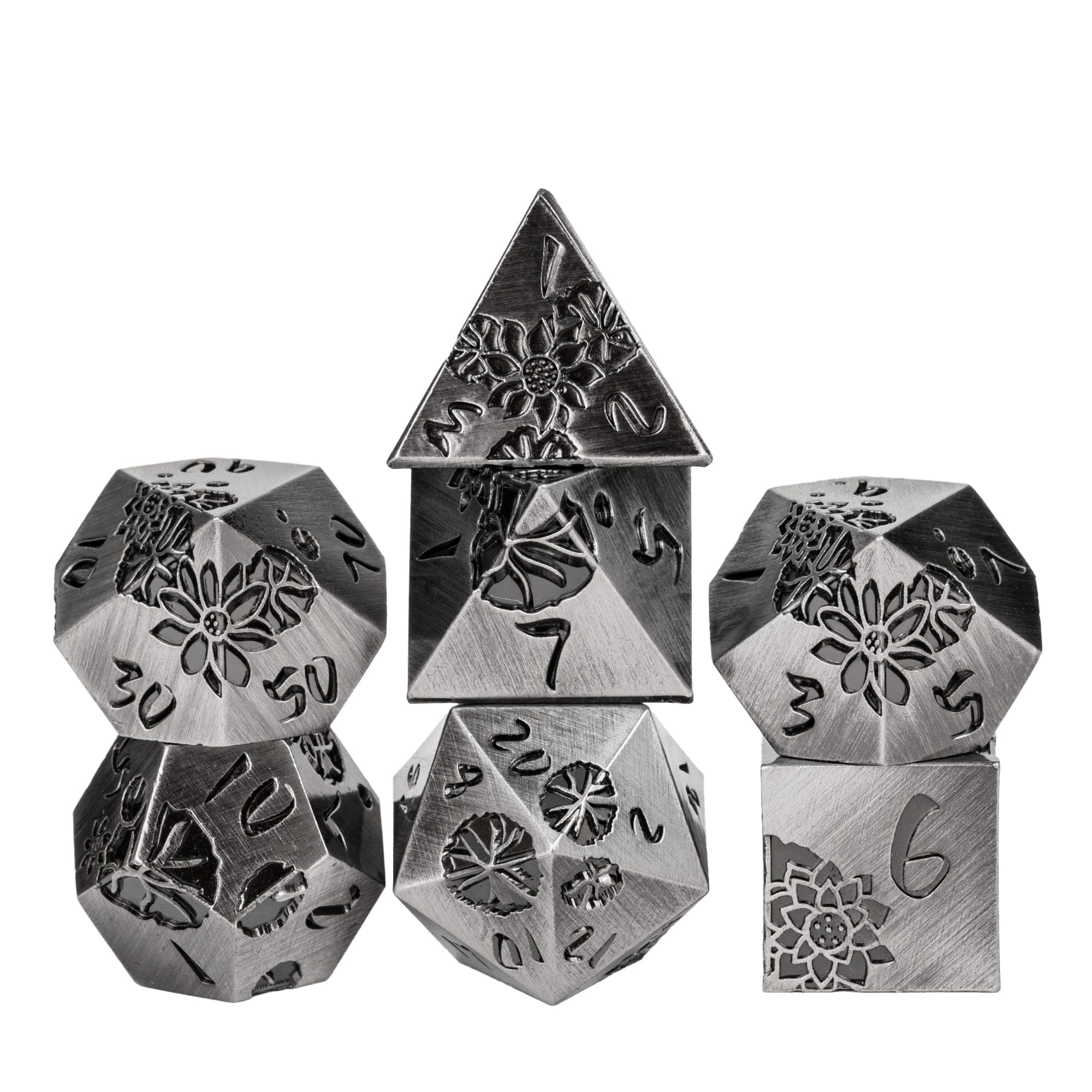 Cusdie 7-Die Lotus Metal DND Dice Set, D&D Metal Dice, Polyhedral Dice Set, for Role Playing Game Pathfinder(Ancient Nickel)