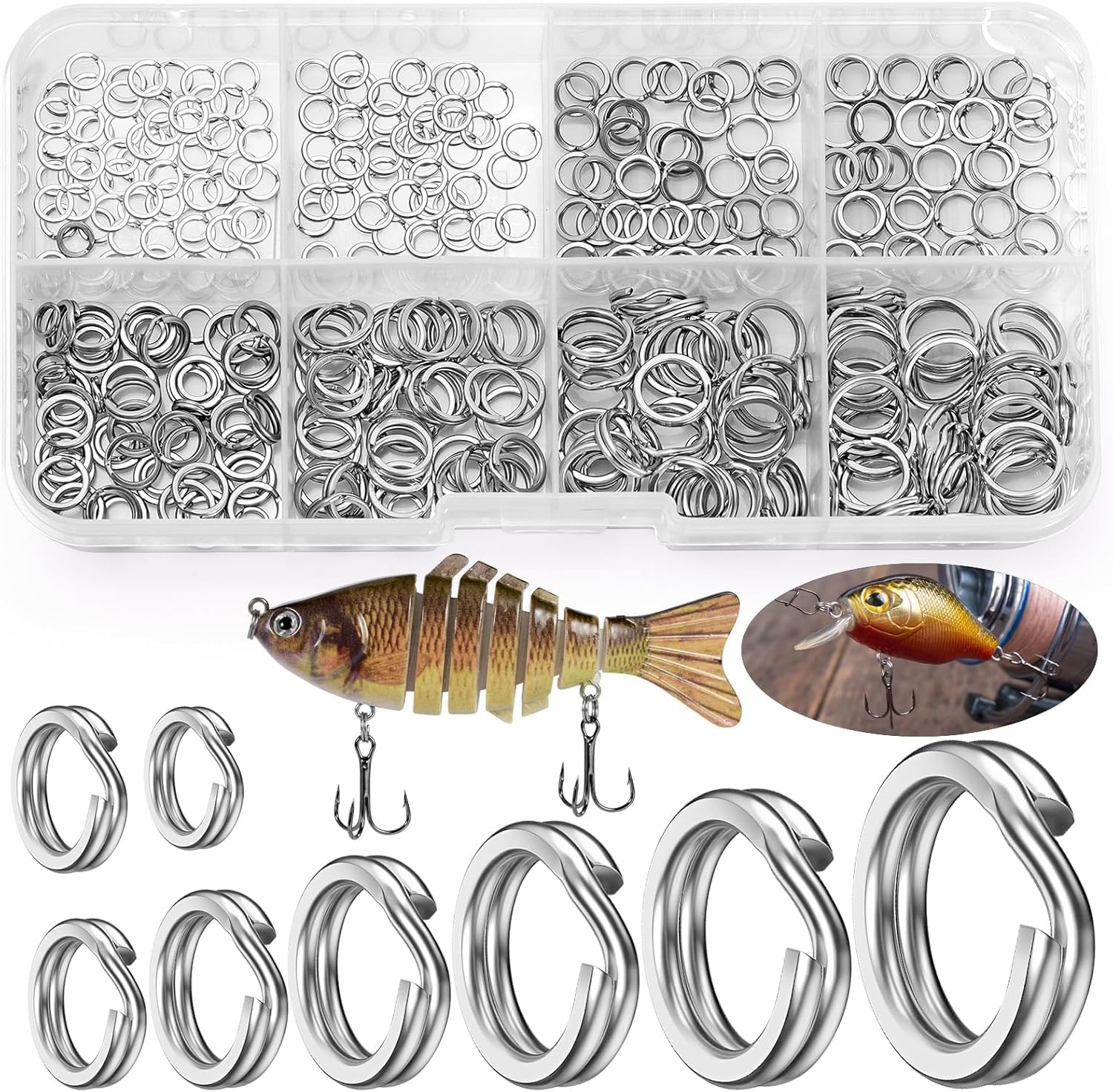Realure 300 Pcs/8 Sizes Fishing Split Rings 8mm 7mm 6mm 5mm 4.5mm 4mm 3.5mm 3mm Fishing Hooks Lures Ring Connector Stainless Steel 304 Double Ring Clips Snaps for Connecting Fishing Lures & Hooks