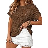 Cakulo Womens Short Sleeve Summer Lightweight Crochet Sweaters 2025 Boho Crop Tops Knit Fashion Clothes Brown L