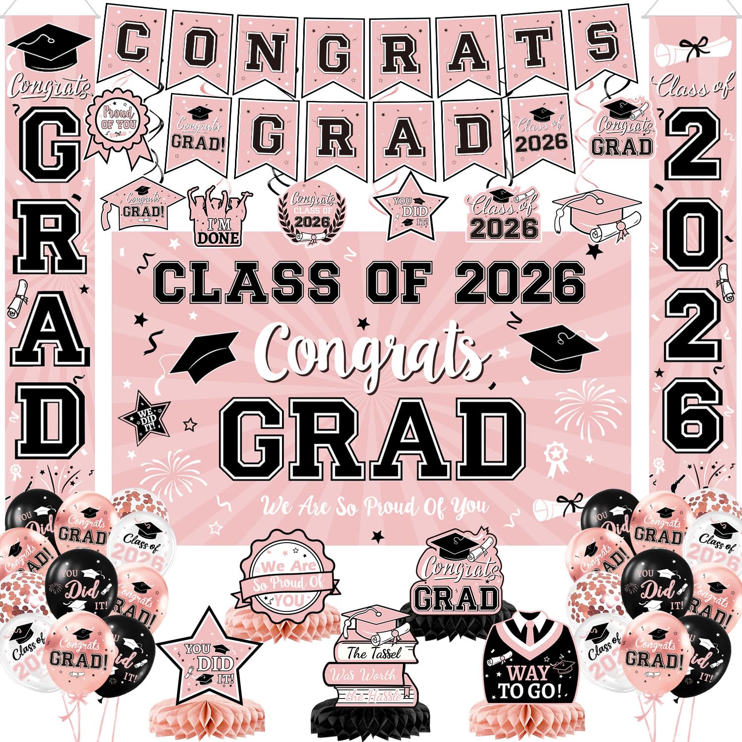 Pink Graduation Decorations 2026, Congrats Grad Banner & Backdrop, Porch Sign, Hanging Swirls, Balloons, Honeycomb Centerpieces for Rose Gold High School Graduation Party Decorations