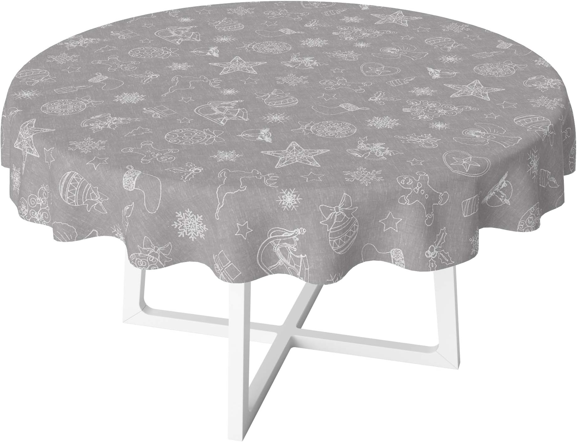 Karina Home Christmas Festive Grey Linen Look Wipe Clean Tablecloth Vinyl PVC Round 138cm