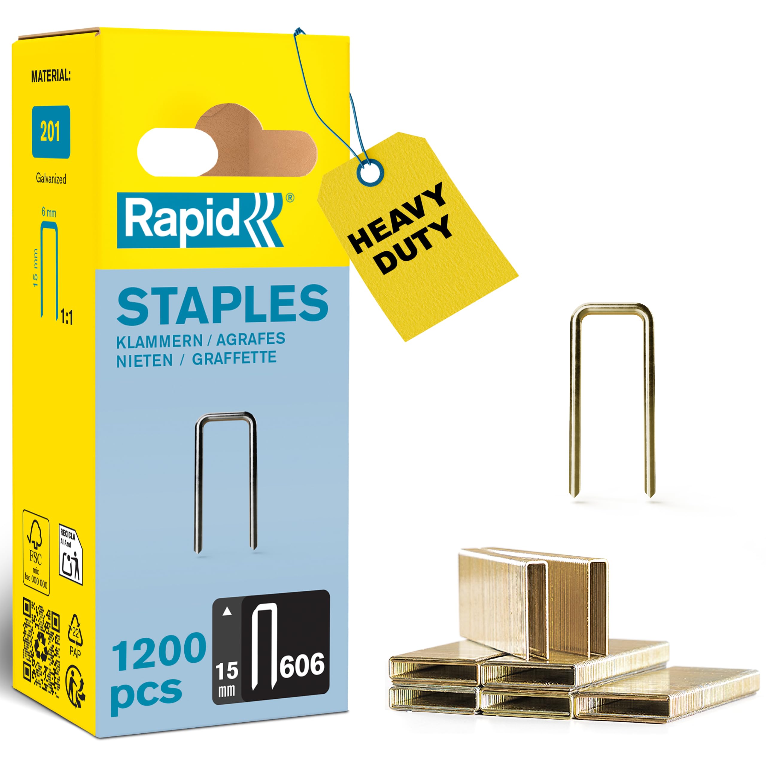 Rapid High-Performance Staples for Dense Materials, Narrow Crown No. 606, Leg Length 15mm, Staple Gun Staples, Resin-Coated Galvanised Steel, 1200 Pieces, Narrow Blister (40109528)