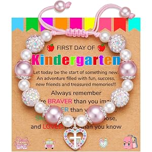 Back to School First Day of Kindergarten Preschool Gifts Cross Bracelet | Handmade Adjustable Pink Pearl Heart Beaded Bracele