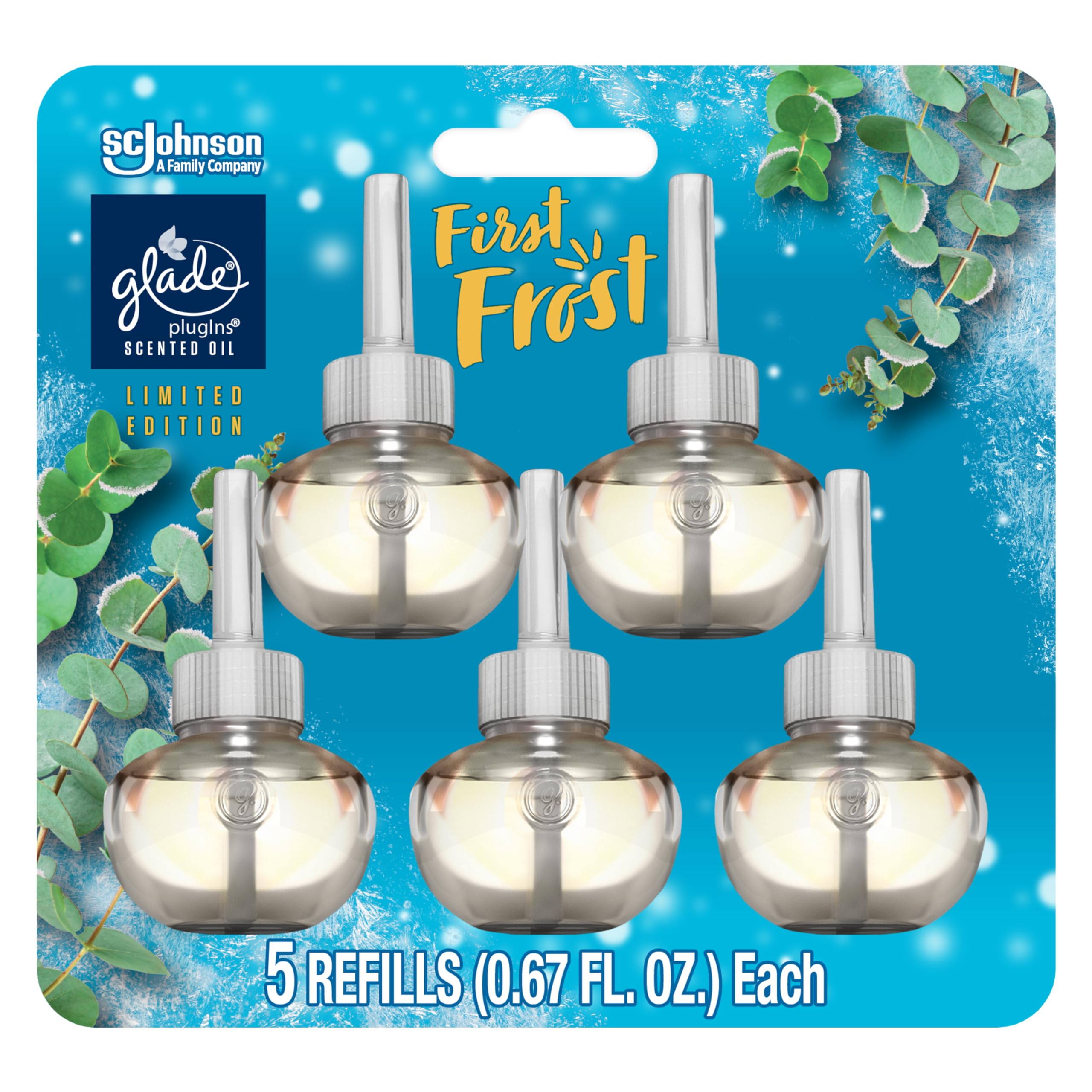 Glade PlugIns Refills Air Freshener, Scented and Essential Oils for Home and Bathroom, First Frost, Limited Edition Scent, 3.35 Fl Oz, 5 Count
