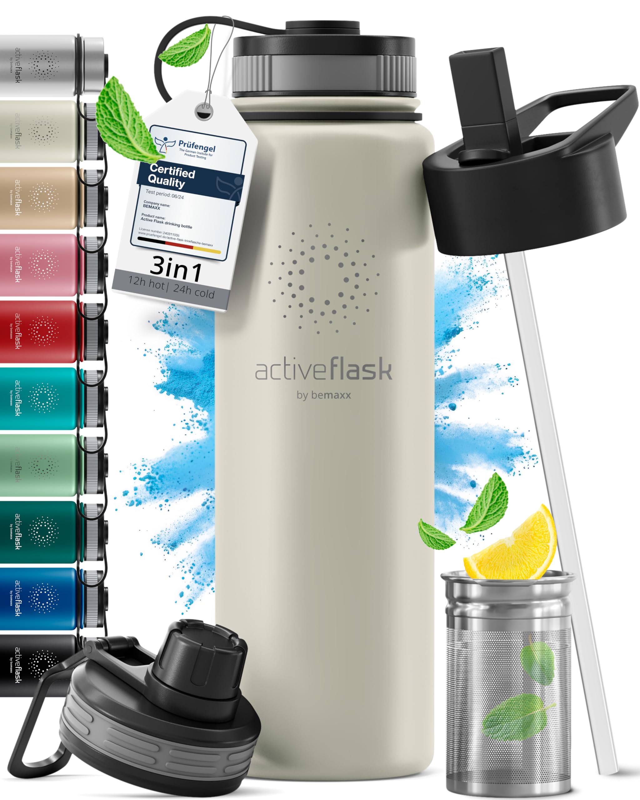 Stainless Steel Water Bottle with Straw & 3 Lids: 1 & 0,5L Leak-Proof BPA-Free Vacuum Insulated ACTIVE FLASK Drinking Bottles Hot Cold: Double Walled Outdoor Drink Thermo Mug Tea Coffee Sport Gym Bike