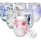 THILY Stainless Steel Insulated Wine Tumbler Stemless Wine Glass with Lid and Straw, Splash-proof, Cute Travel Cup for Coffee, Cocktails, for Women, Mother, Wife, Girls, Cherry Blossoms