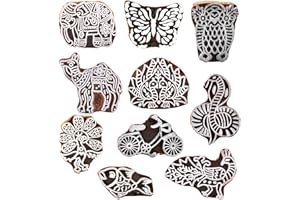 Hashcart Wooden Printing Blocks Stamps | Decorative Motif Wood Stamps for Scrapbooking | Block Printing on Fabric, Paper, Clay, Saree Border. Card Making. Painting.- Set of 10