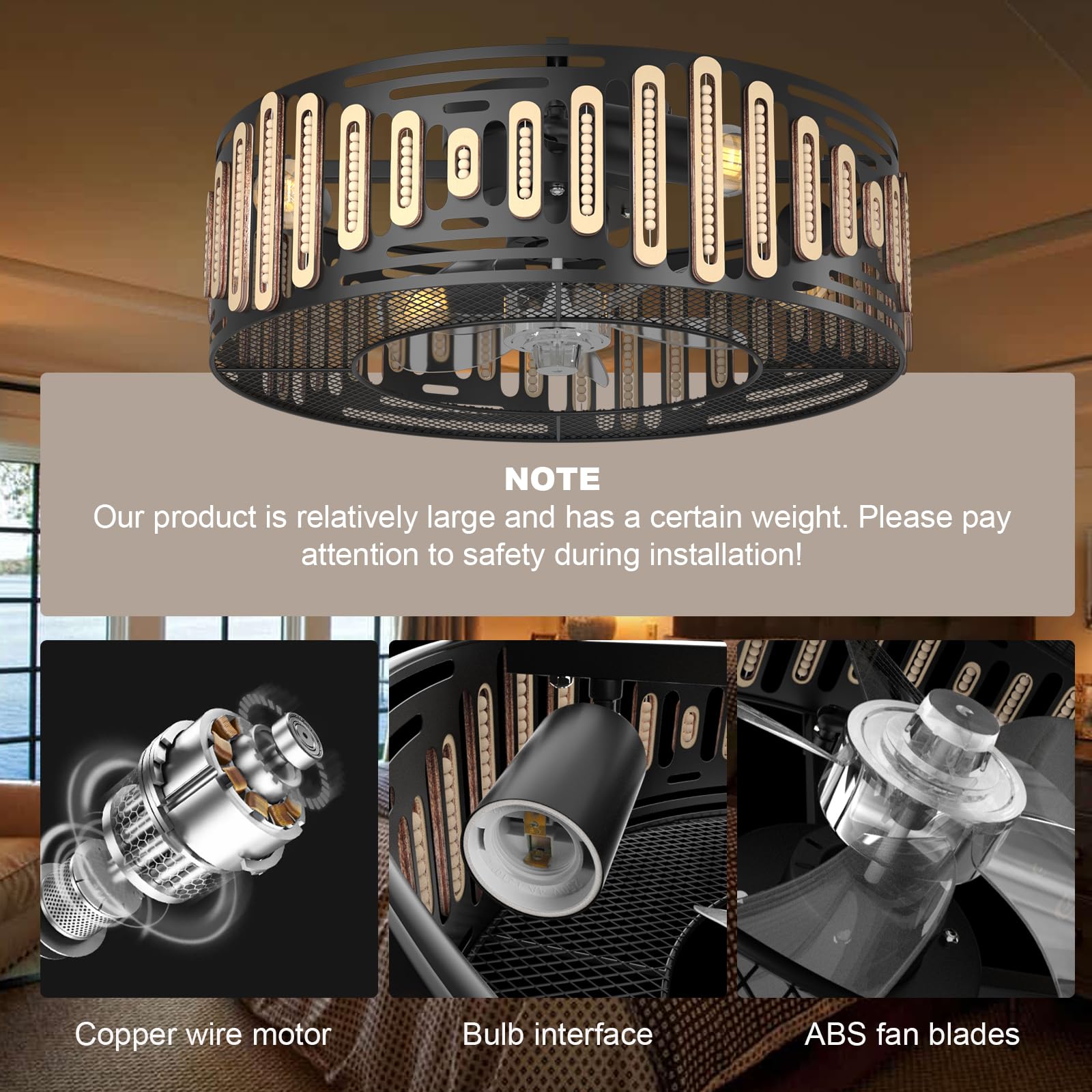 Prichor Modern Caged Ceiling Fan with Light and Remote - Black Outdoor Ceiling Fan with Dimmable and Reversible Fan Blades, 6 Speed Caged Ceiling Fan, 2H Timing (E27 Bulbs Included)