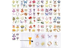 GLOBLELAND 25 Sheets 100 Patterns Colorful Fairy Flowers Transfer Stickers with Clear Storage Album 3.9x3.9 inch Spring Elf F