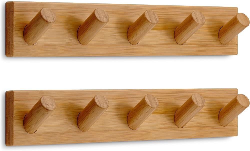 LARHN Wooden Coat Hooks Wall Mounted 5 XL Hooks 42cm 2 Pack All Fixings